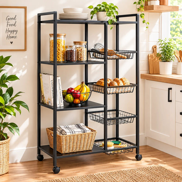 Utility Storage Rack for Kitchen – 90 × 32 × 135 cm, Mesh Baskets & Wheels
