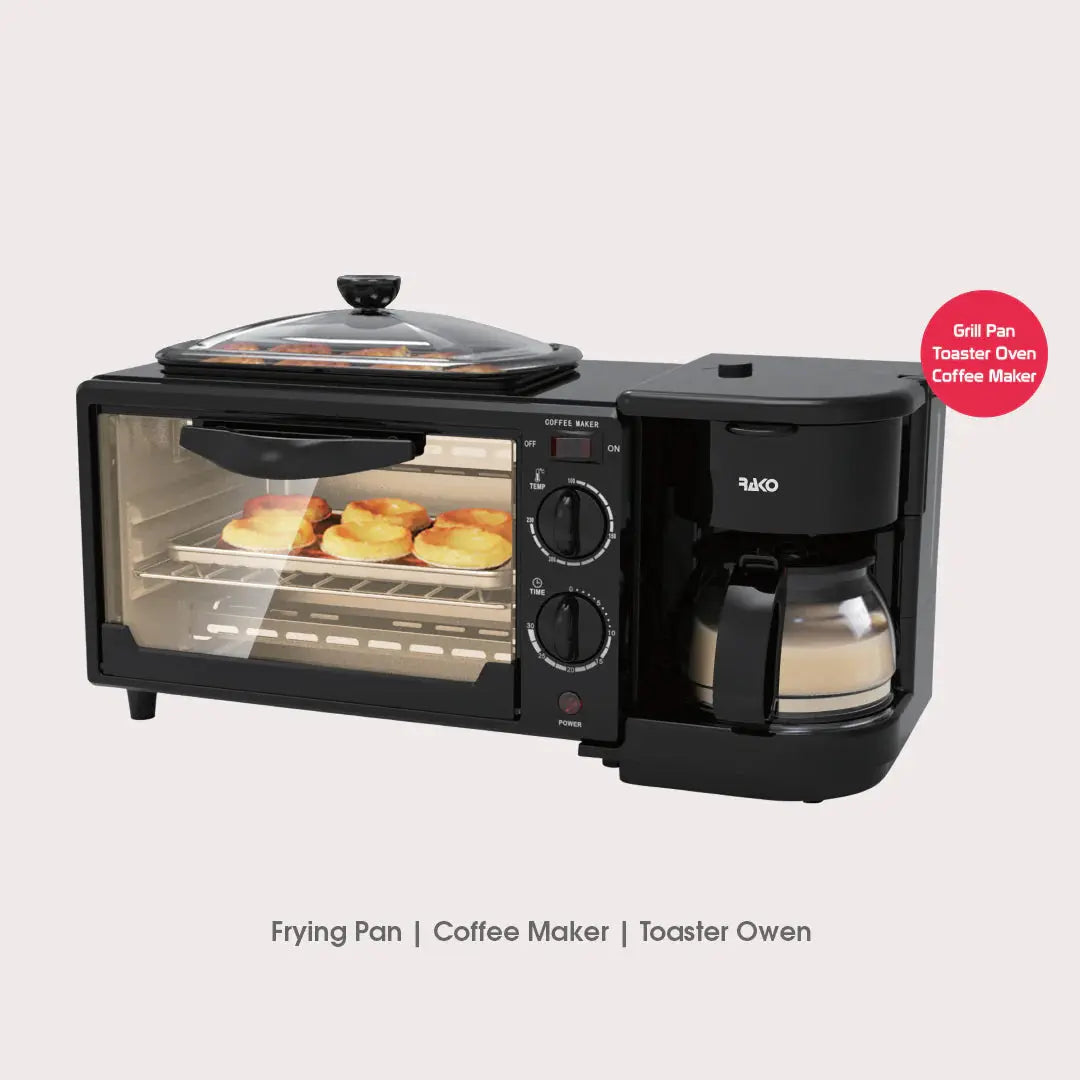 Rako 3 in 1 Breakfast Maker-  Frying Pan, Coffee Maker, Toaster Oven | Breakfast Machine - Scrollcart Qatar