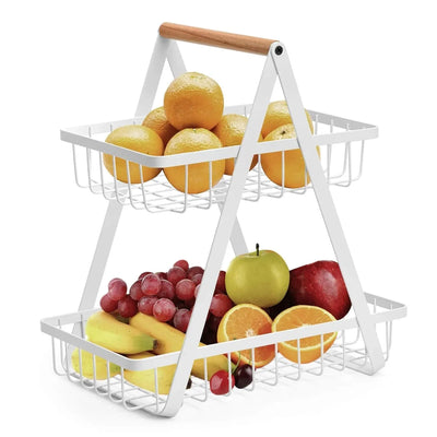 2-Tier Fruit Basket with Wood Handle Kitchen Storage Organizer Scrollcart Qatar 