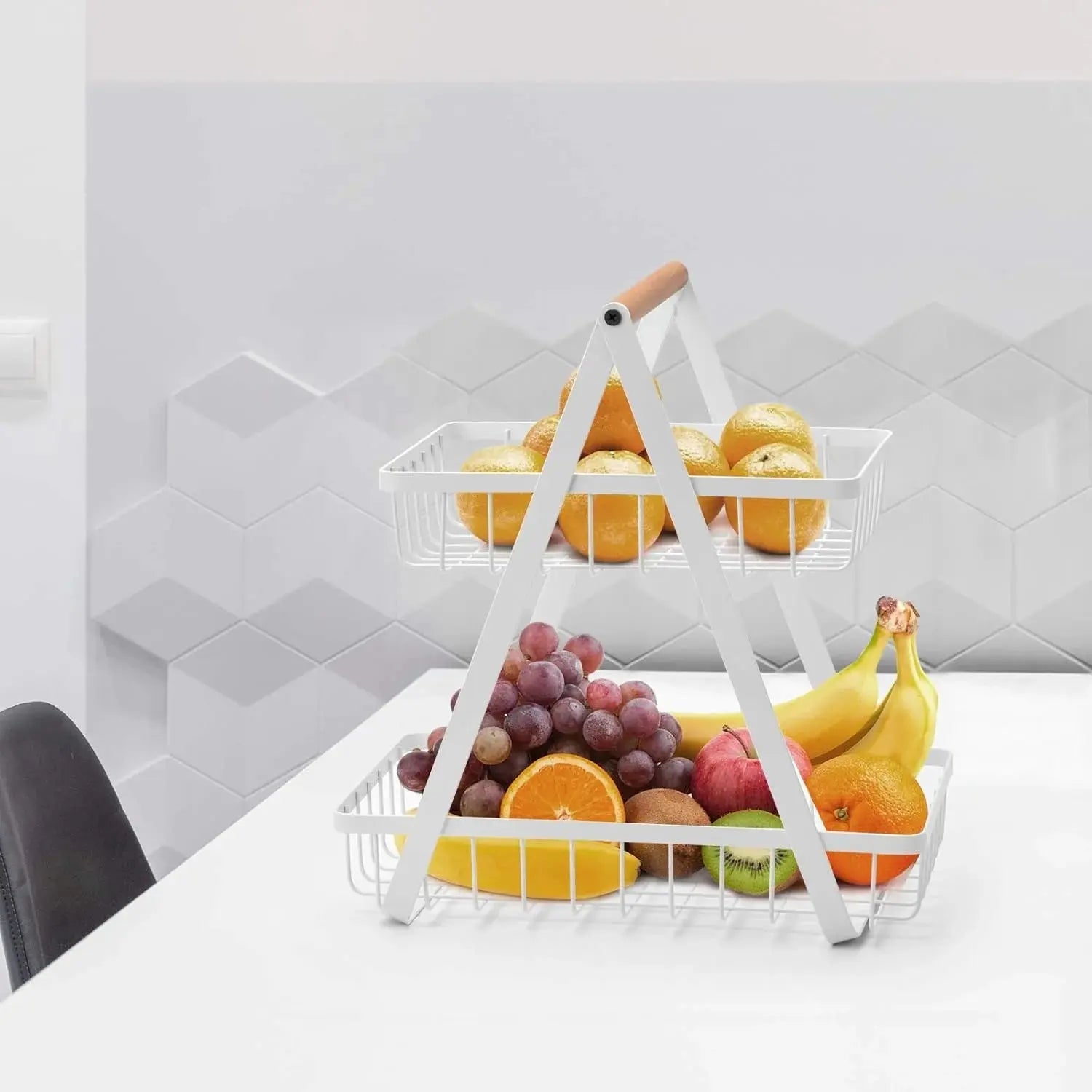 2-Tier Fruit Basket with Wood Handle Kitchen Storage Organizer Scrollcart Qatar 