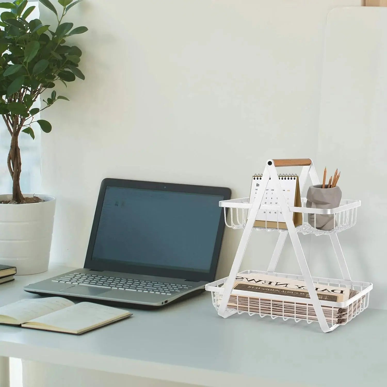 2-Tier Fruit Basket with Wood Handle Kitchen Storage Organizer Scrollcart Qatar 