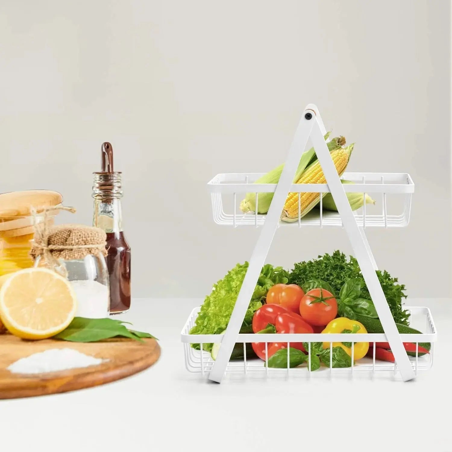 2-Tier Fruit Basket with Wood Handle Kitchen Storage Organizer Scrollcart Qatar 