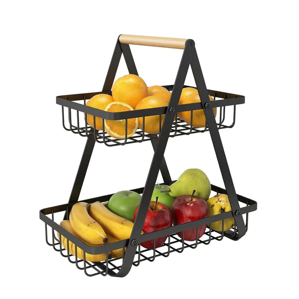 2-Tier Fruit Basket with Wood Handle Kitchen Storage Organizer Scrollcart Qatar 
