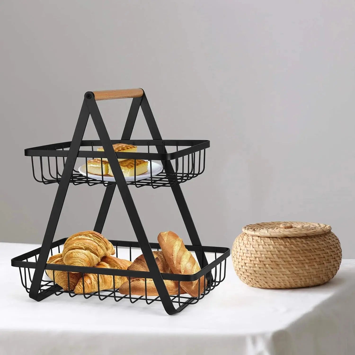 2-Tier Fruit Basket with Wood Handle Kitchen Storage Organizer Scrollcart Qatar 
