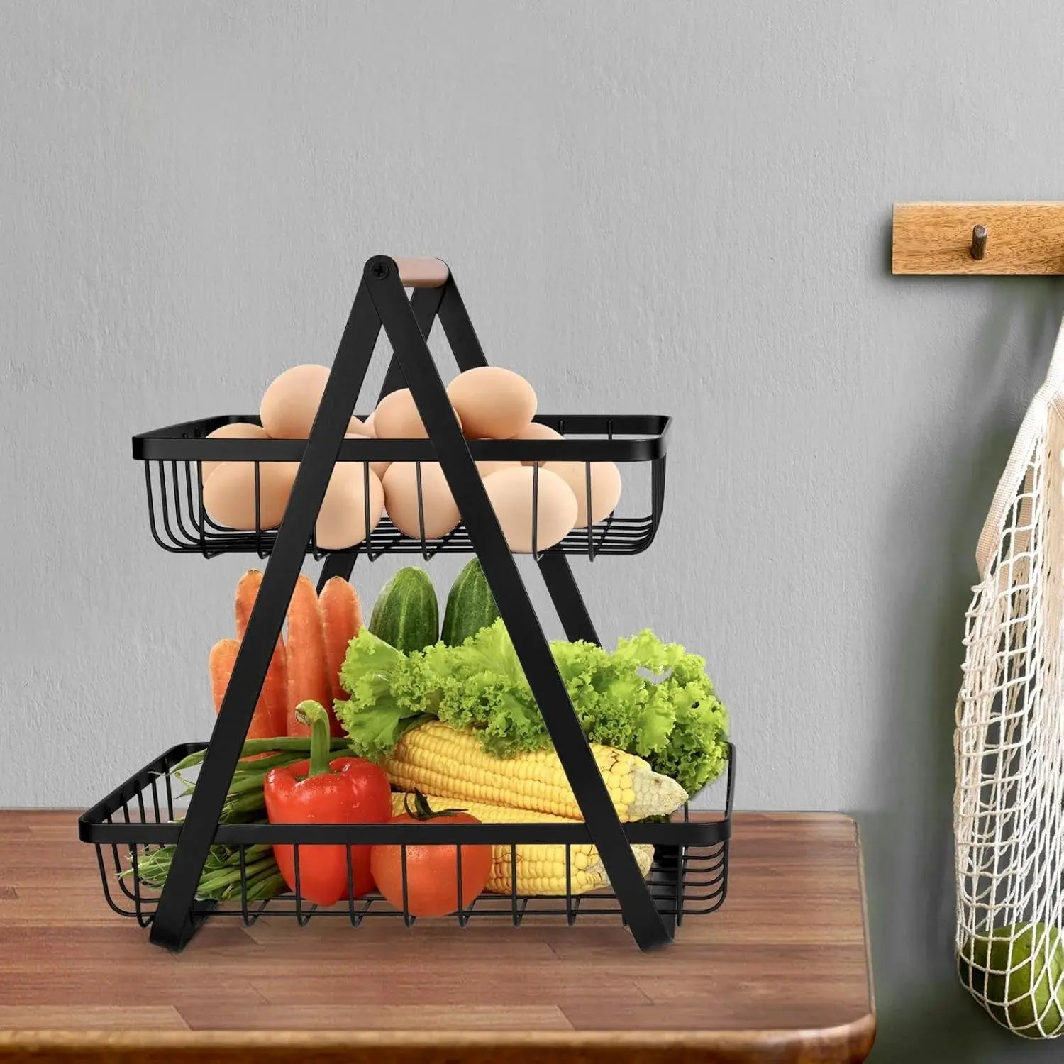 2-Tier Fruit Basket with Wood Handle Kitchen Storage Organizer Scrollcart Qatar 