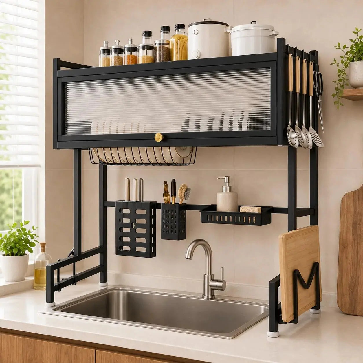 2-Tier Over Sink Dish Drying Rack with Dustproof Cabinet & Adjustable Width Kitchen Organizer Scrollcart Qatar 