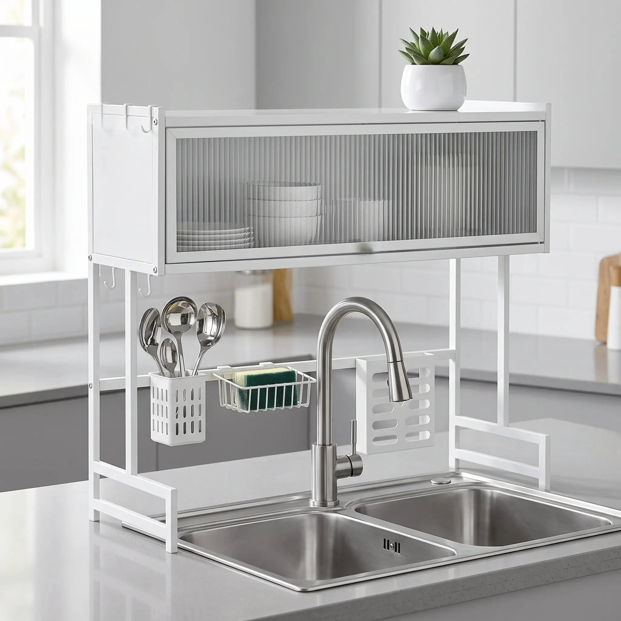 2-Tier Over Sink Dish Drying Rack with Dustproof Cabinet & Adjustable Width Kitchen Organizer Scrollcart Qatar 