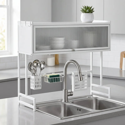 2-Tier Over Sink Dish Drying Rack with Dustproof Cabinet & Adjustable Width Kitchen Organizer Scrollcart Qatar 