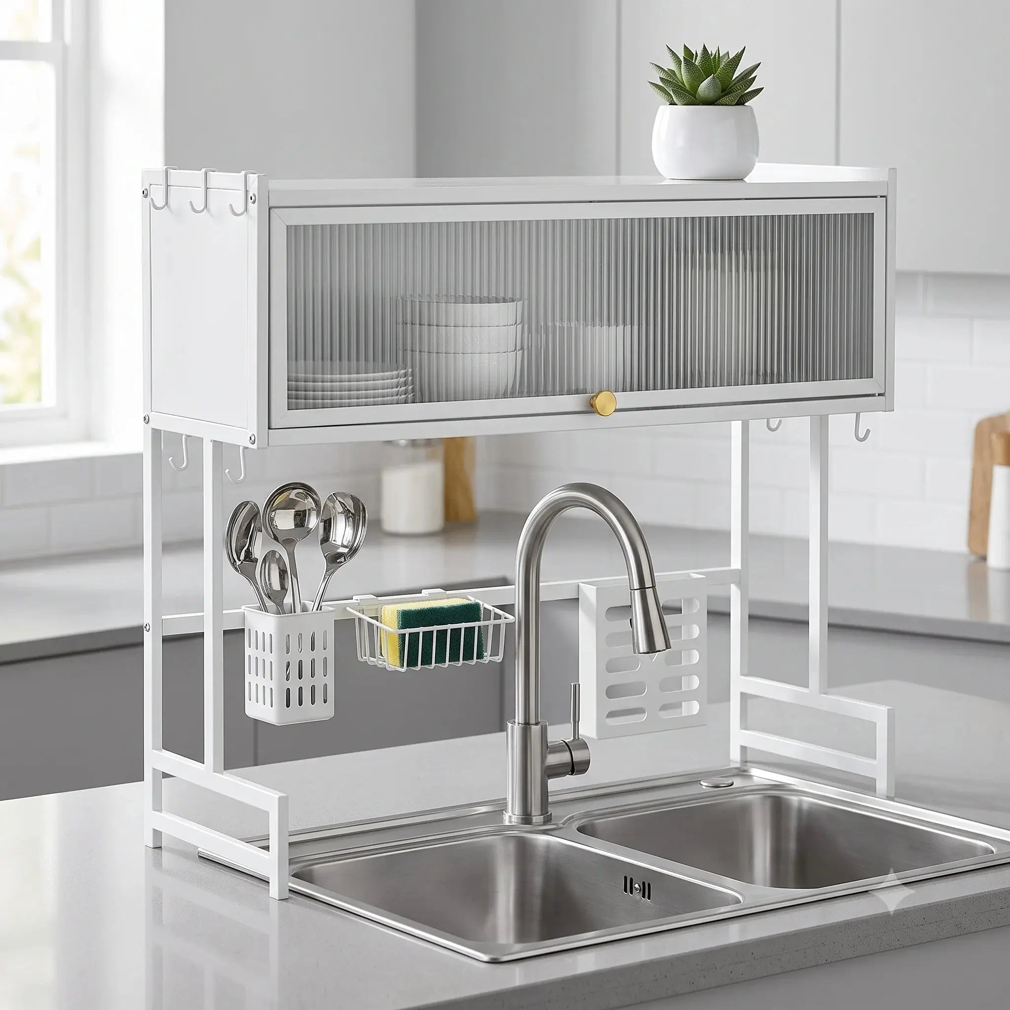 2-Tier Over Sink Dish Drying Rack with Dustproof Cabinet & Adjustable Width Kitchen Organizer Scrollcart Qatar 