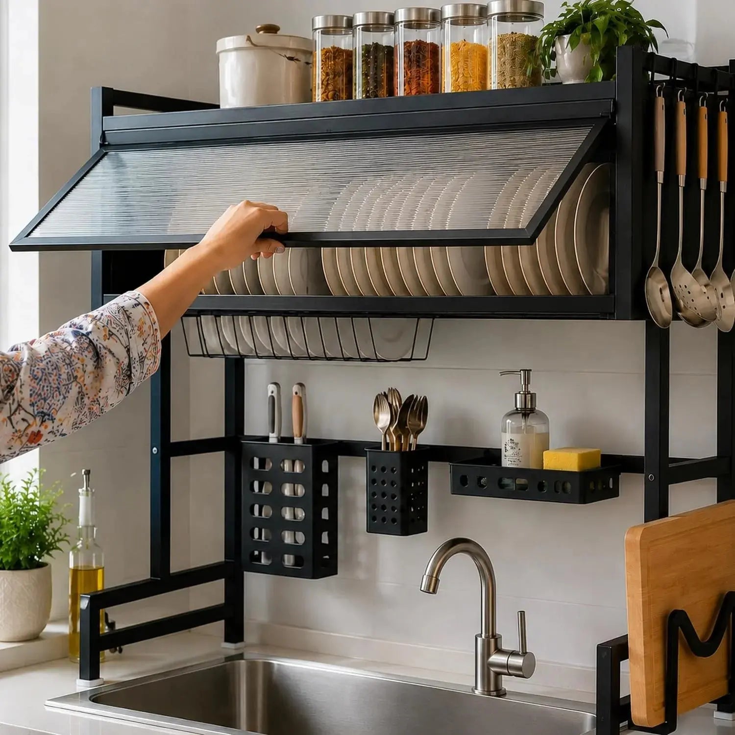 2-Tier Over Sink Dish Drying Rack with Dustproof Cabinet & Adjustable Width Kitchen Organizer Scrollcart Qatar 