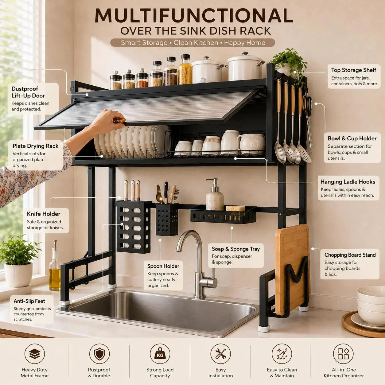 2-Tier Over Sink Dish Drying Rack with Dustproof Cabinet & Adjustable Width Kitchen Organizer Scrollcart Qatar 