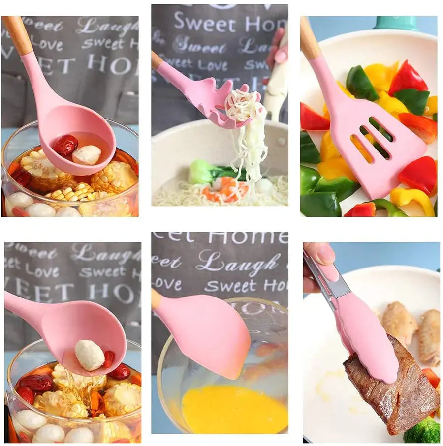 Silicone Cooking Utensil 5pcs set | Non-Stick Cooking Wooden Handle Kitchen Essentials Scrollcart Qatar