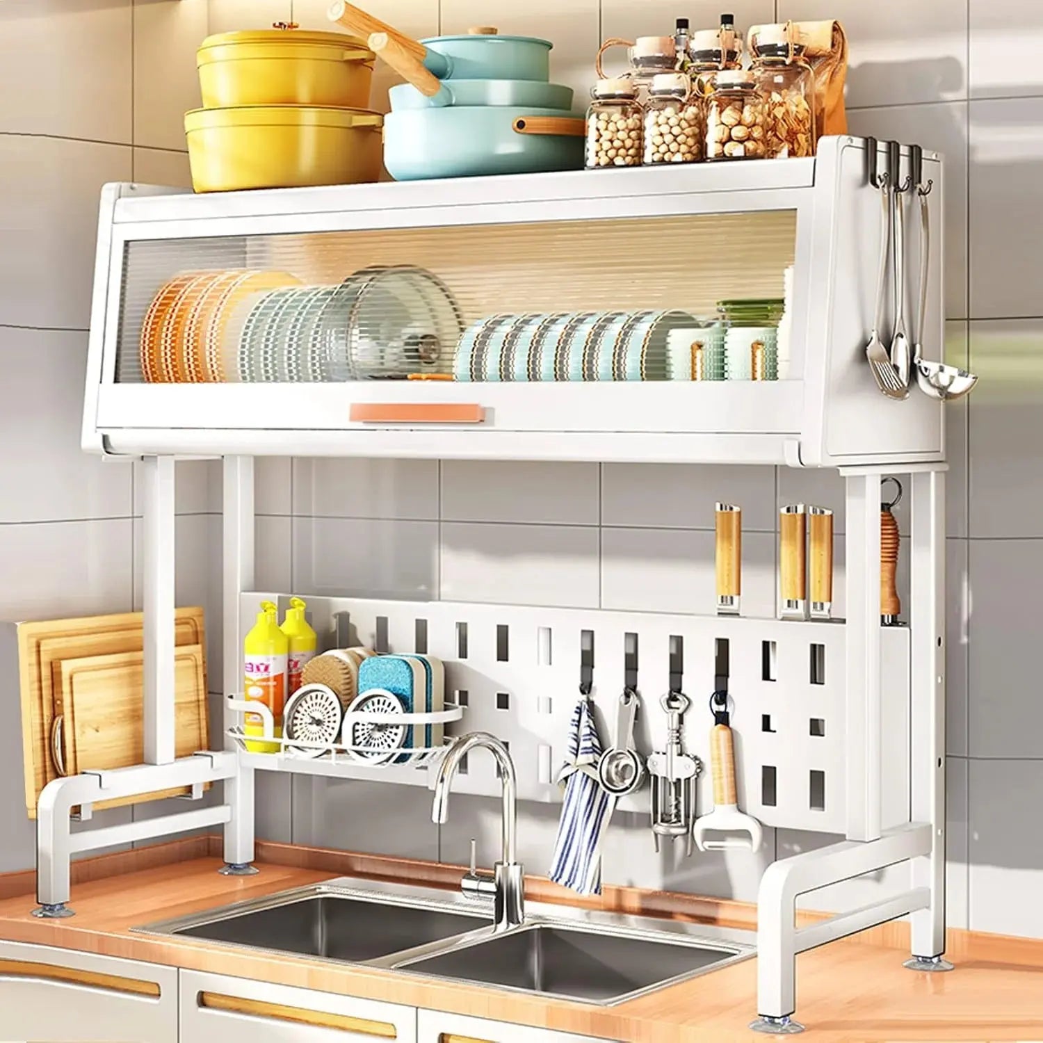 3-Tier Over Sink Dish Drying Rack with Cover in White for Kitchen Organization in Doha Qatar