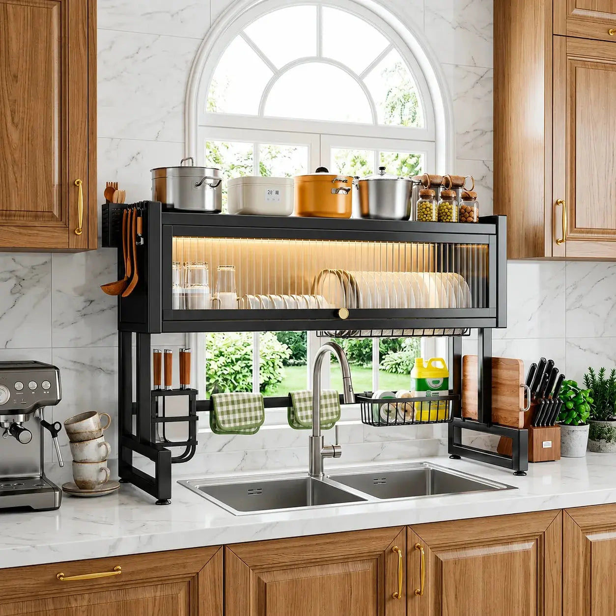 3 Tier Over Sink Dish Drying Rack with Dustproof Cabinet Gray | Kitchen Organizer Scrollcart Qatar 