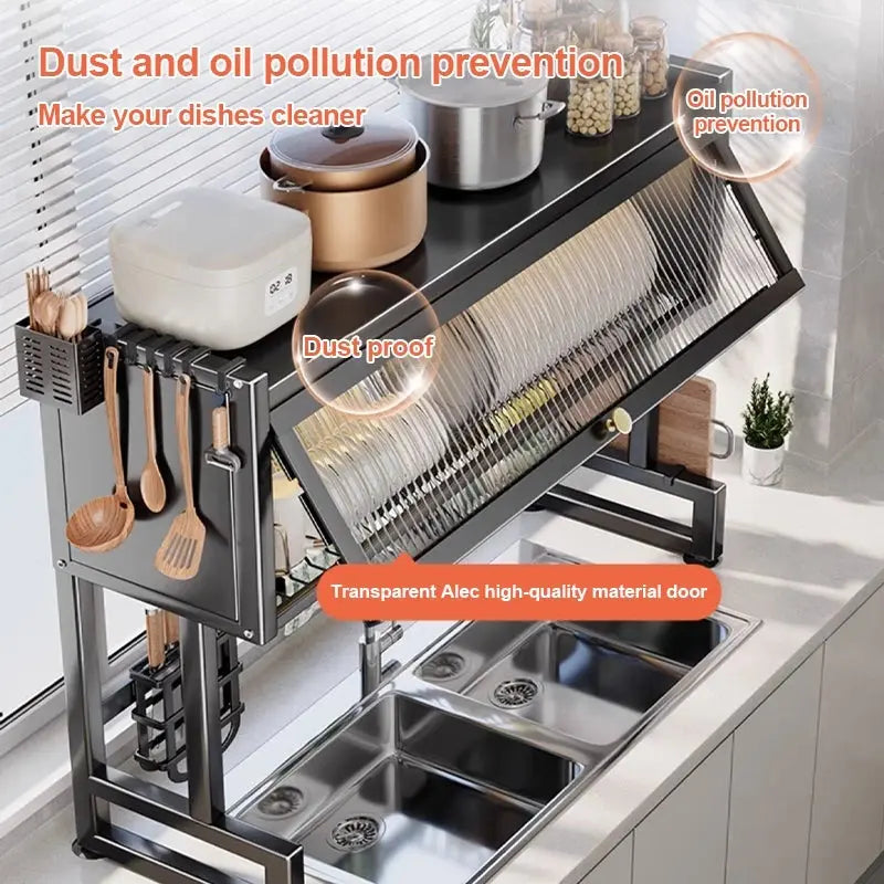 3 Tier Over Sink Dish Drying Rack with Dustproof Cabinet Gray | Kitchen Organizer Scrollcart Qatar 