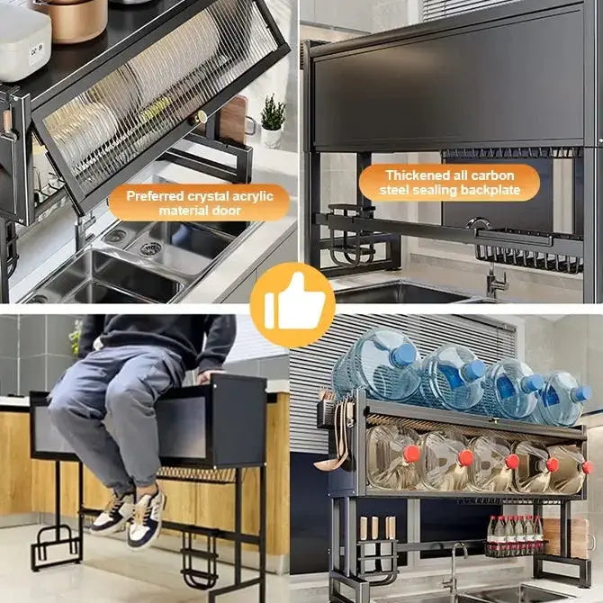 3 Tier Over Sink Dish Drying Rack with Dustproof Cabinet Gray | Kitchen Organizer Scrollcart Qatar 