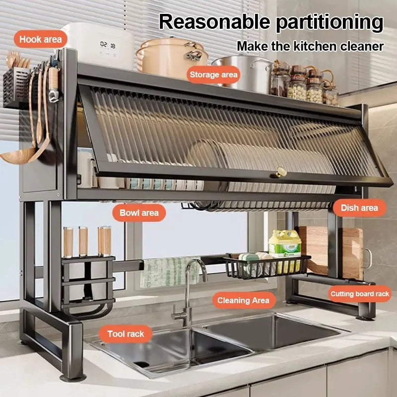 3 Tier Over Sink Dish Drying Rack with Dustproof Cabinet Gray | Kitchen Organizer Scrollcart Qatar 