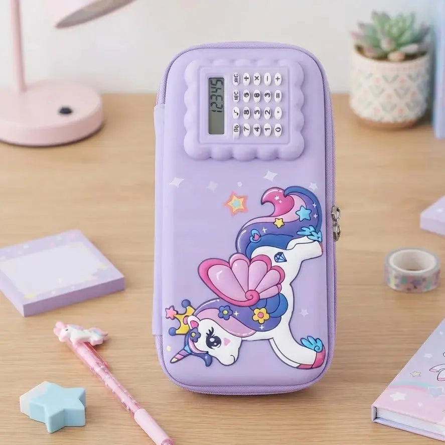 3D Purple Unicorn Pencil Case with Built-In Calculator – School Organizer Scrollcart Qatar 