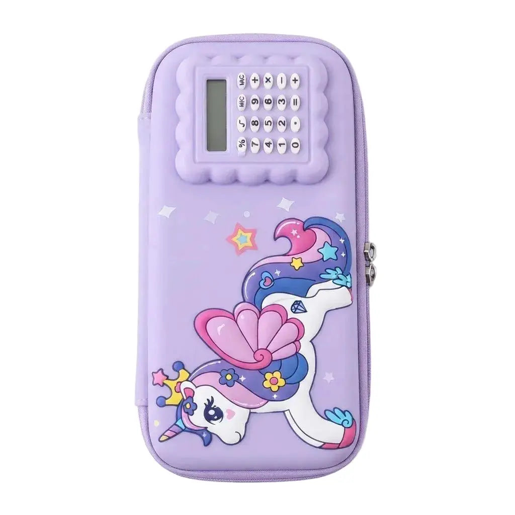 3D Purple Unicorn Pencil Case with Built-In Calculator – School Organizer Scrollcart Qatar 