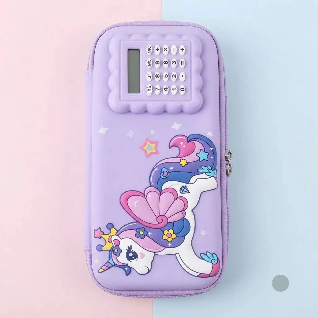 3D Purple Unicorn Pencil Case with Built-In Calculator – School Organizer Scrollcart Qatar 