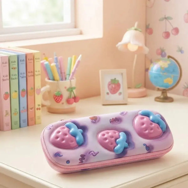 3D Strawberry Hardtop Pencil Case – Pink & Blue Scrollcart Qatar 