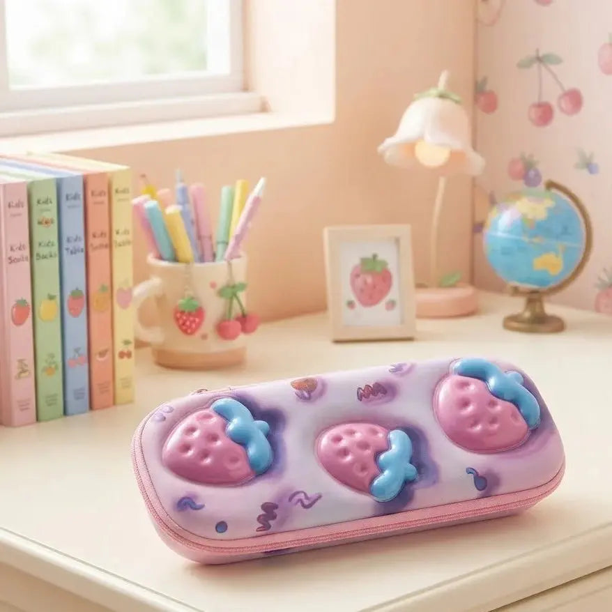 3D Strawberry Hardtop Pencil Case – Pink & Blue Scrollcart Qatar 