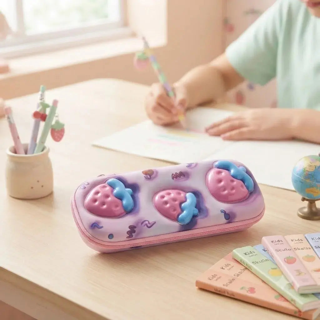 3D Strawberry Hardtop Pencil Case – Pink & Blue Scrollcart Qatar 