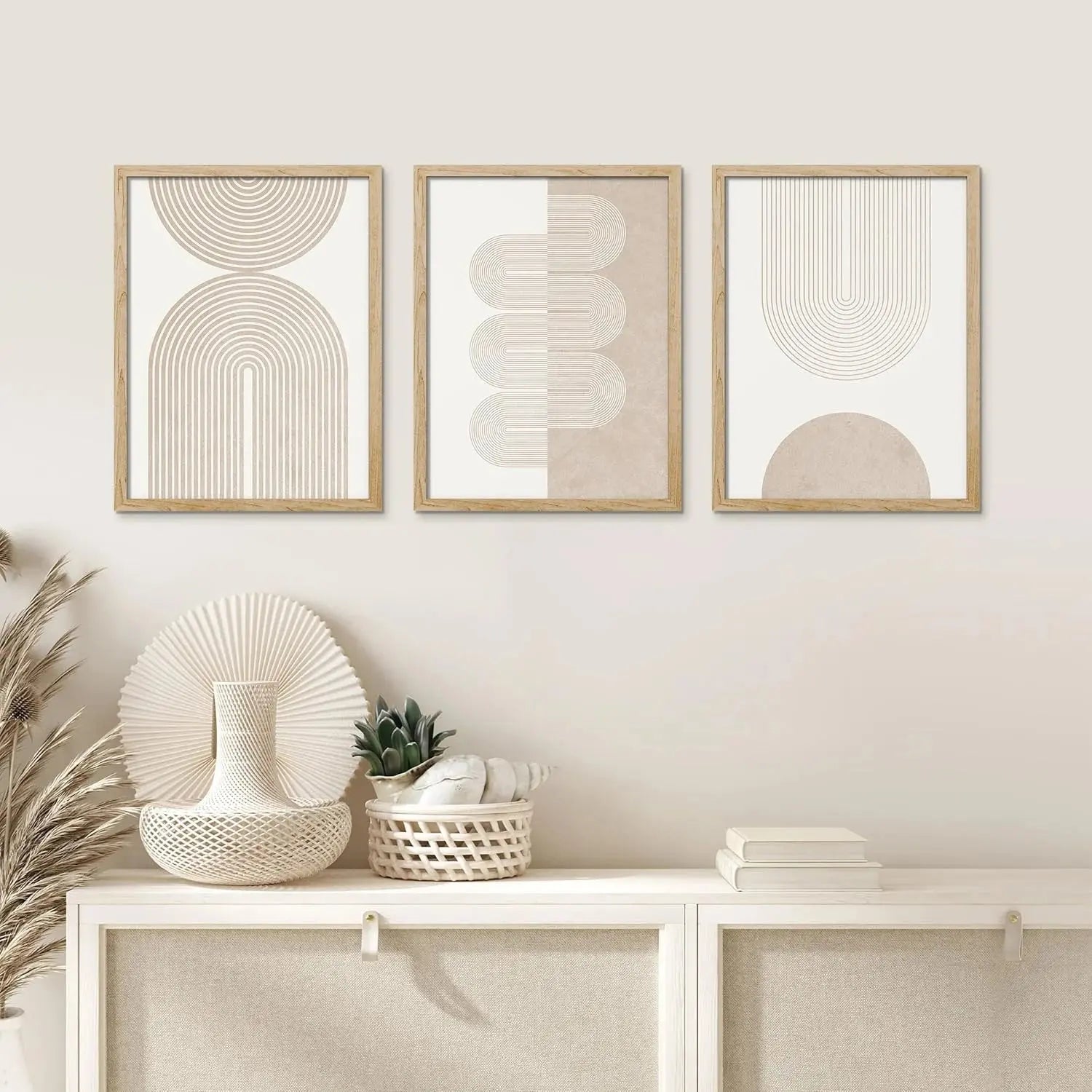 3PCS Modern Retro Wall Art Set – Beige Geometric Abstract Line Canvas Prints (Framed) Scrollcart Qatar 