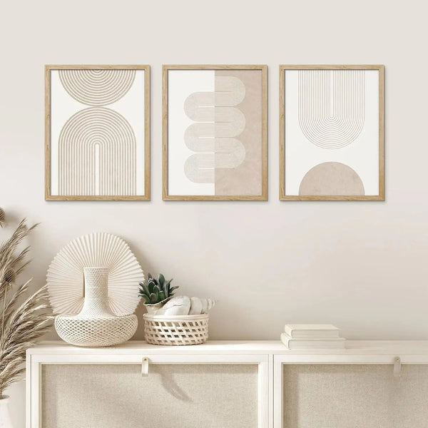 3PCS Modern Retro Wall Art Set – Beige Geometric Abstract Line Canvas Prints (Framed) Scrollcart Qatar 