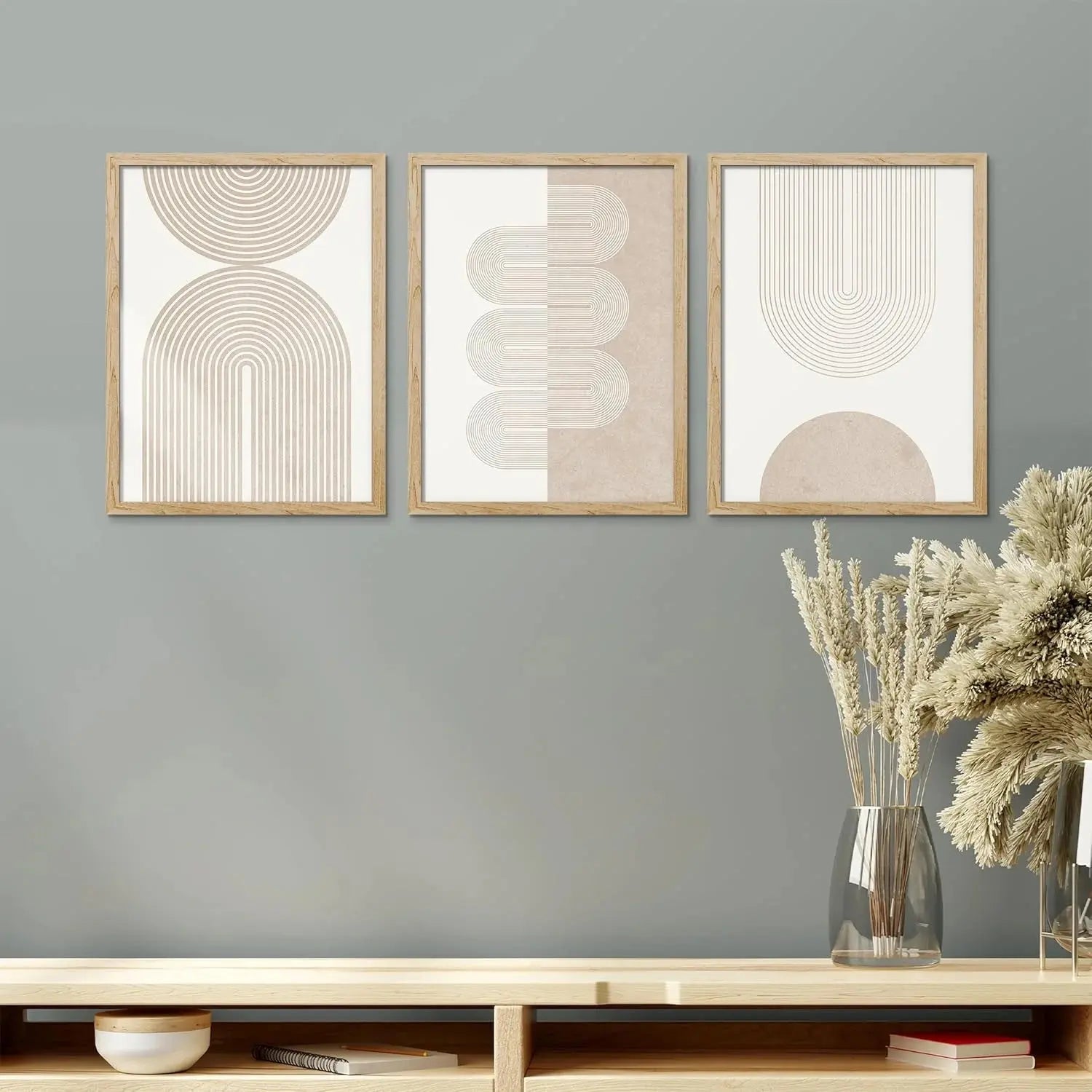 3PCS Modern Retro Wall Art Set – Beige Geometric Abstract Line Canvas Prints (Framed) Scrollcart Qatar 