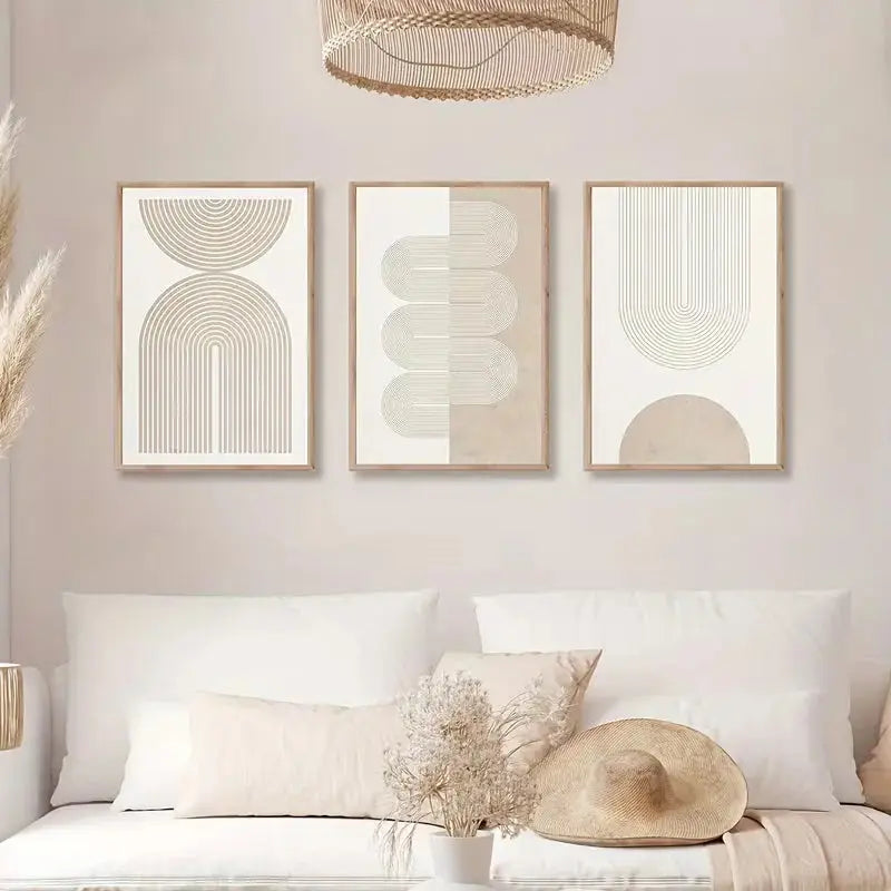 3PCS Modern Retro Wall Art Set – Beige Geometric Abstract Line Canvas Prints (Framed) Scrollcart Qatar 
