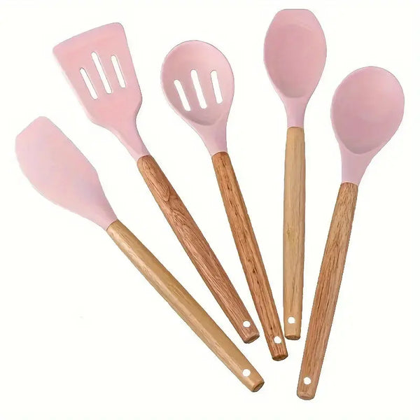 Silicone Cooking Utensil 5pcs set | Non-Stick Cooking Wooden Handle Kitchen Essentials Scrollcart Qatar