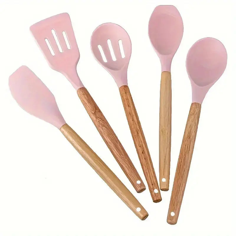 Silicone Cooking Utensil 5pcs set | Non-Stick Cooking Wooden Handle Kitchen Essentials Scrollcart Qatar