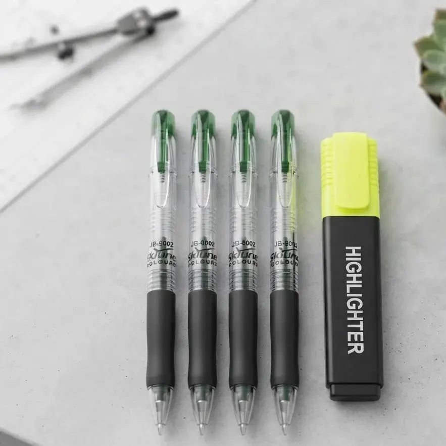 4 Ballpoint Pens & 1 Neon Yellow Highlighter Scrollcart Qatar 