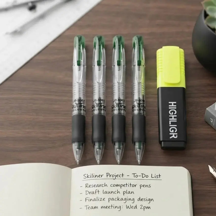 4 Ballpoint Pens & 1 Neon Yellow Highlighter Scrollcart Qatar 