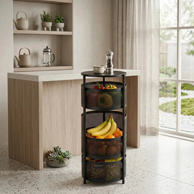 4-Layer Round Rotating Kitchen Storage Trolley Rack with Wheels – Metal Fruit & Vegetable Organizer Scrollcart Qatar 
