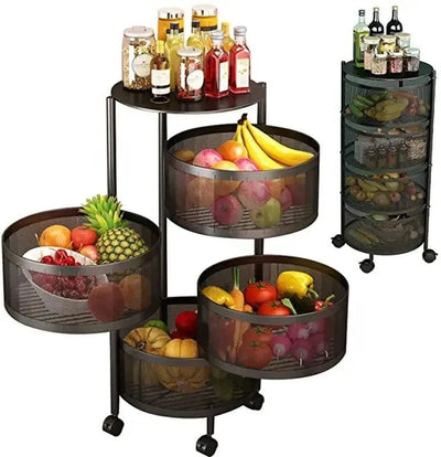 4-Layer Round Rotating Kitchen Storage Trolley Rack with Wheels – Metal Fruit & Vegetable Organizer Scrollcart Qatar 
