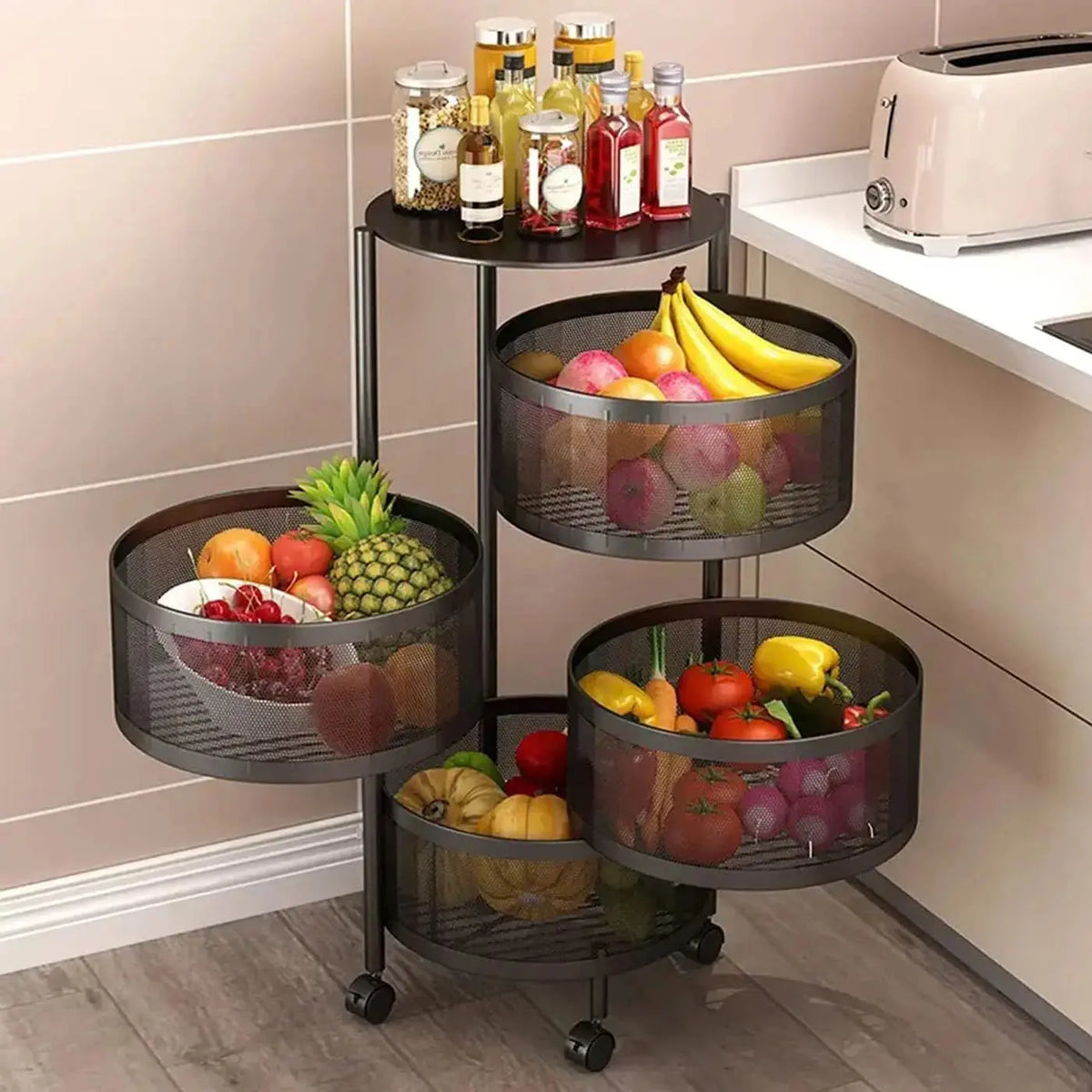 Vegetable Rack Rotating 4-Layer Rotating Kitchen Trolley Rack with Wheels Qatar
