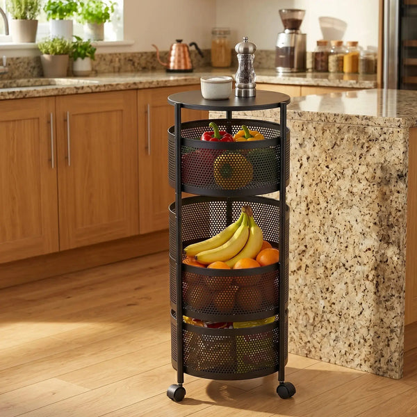 4-Layer Round Rotating Kitchen Storage Trolley Rack with Wheels – Metal Fruit & Vegetable Organizer Scrollcart Qatar 