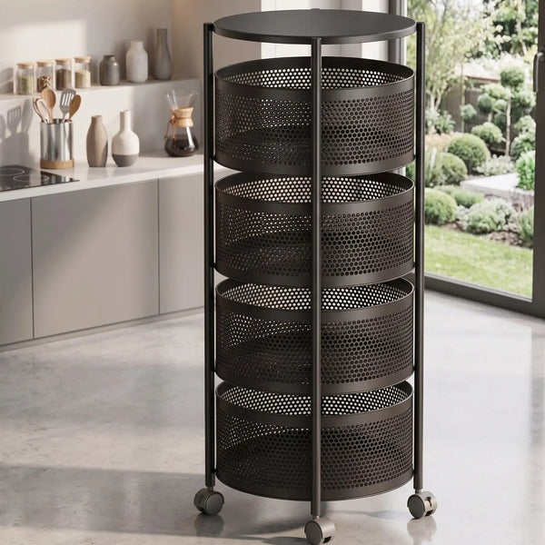 4-Layer Round Rotating Kitchen Storage Trolley Rack with Wheels – Metal Fruit & Vegetable Organizer Scrollcart Qatar 