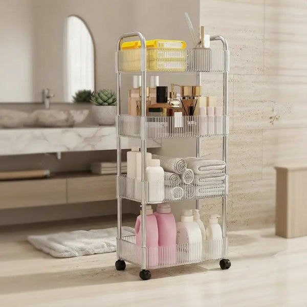 4-Tier Clear Rolling Storage Rack – Multifunctional Trolley for Kitchen, Bathroom & Home Scrollcart Qatar 