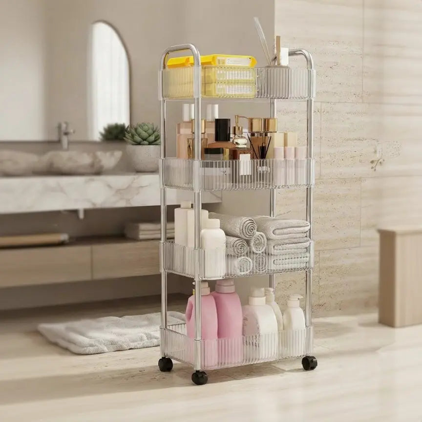 4-Tier Clear Rolling Storage Rack – Multifunctional Trolley for Kitchen, Bathroom & Home Scrollcart Qatar 