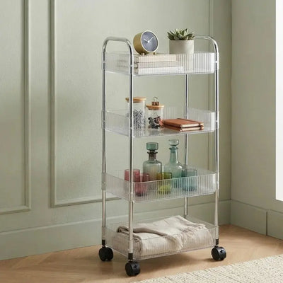 4-Tier Clear Rolling Storage Rack – Multifunctional Trolley for Kitchen, Bathroom & Home Scrollcart Qatar 