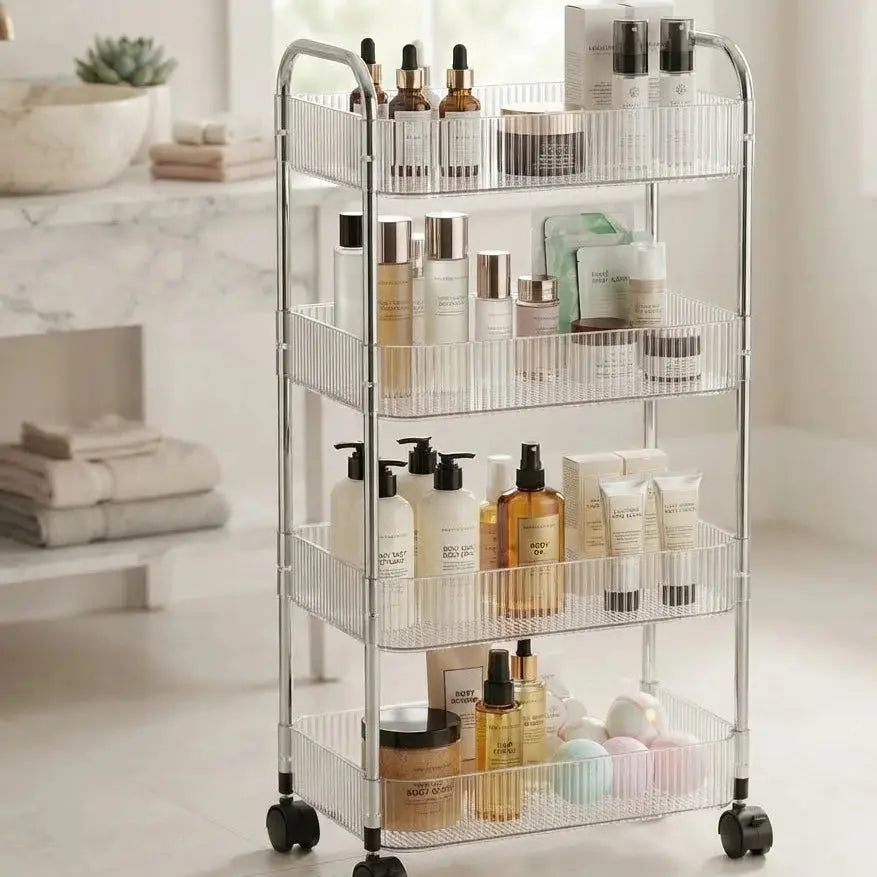 4-Tier Clear Rolling Storage Rack – Multifunctional Trolley for Kitchen, Bathroom & Home Scrollcart Qatar 