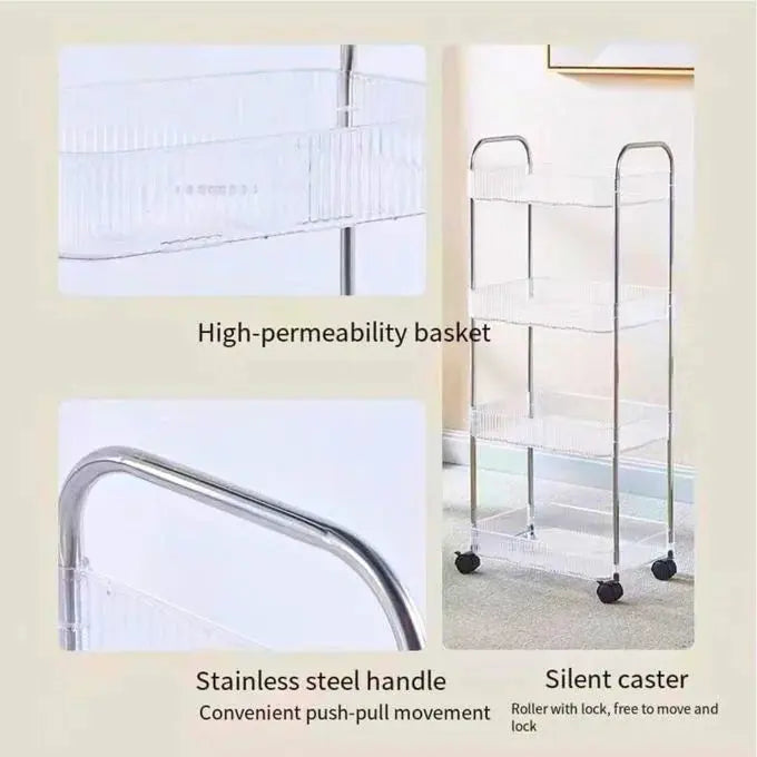 4-Tier Clear Rolling Storage Rack – Multifunctional Trolley for Kitchen, Bathroom & Home Scrollcart Qatar 