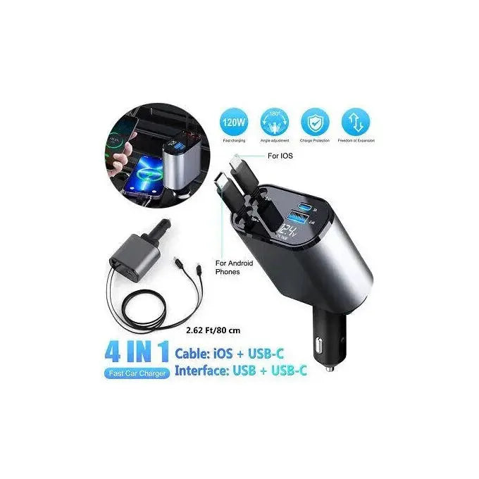 4-in-1 Fast Retractable Car Charger (66W) Scrollcart Qatar 