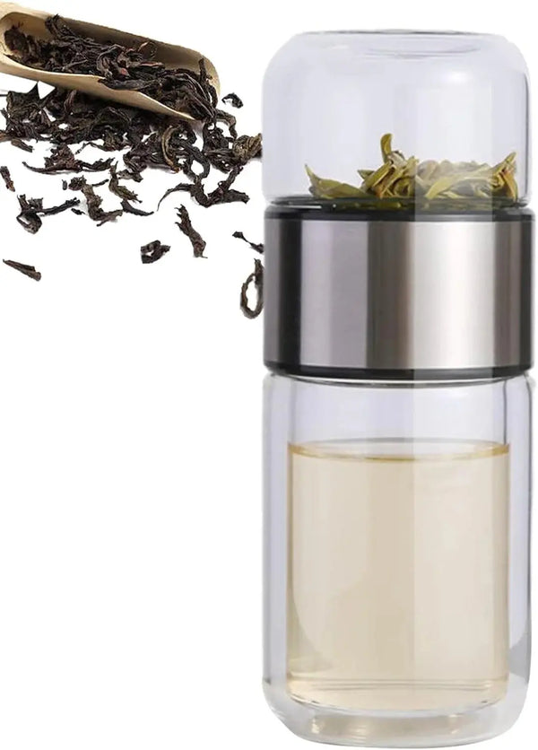 Double-Layer Glass Tea Infuser Bottle – 390ML Leakproof Travel Tumbler Scrollcart Qatar 