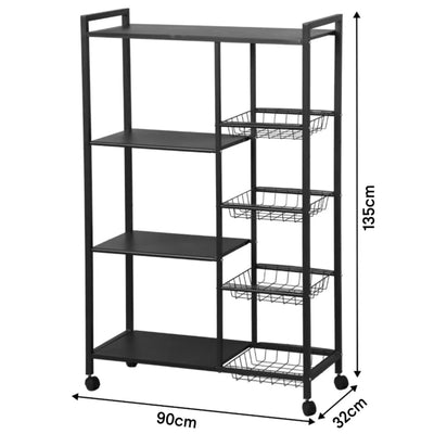 Utility Storage Rack for Kitchen – 90 × 32 × 135 cm, Mesh Baskets & Wheels