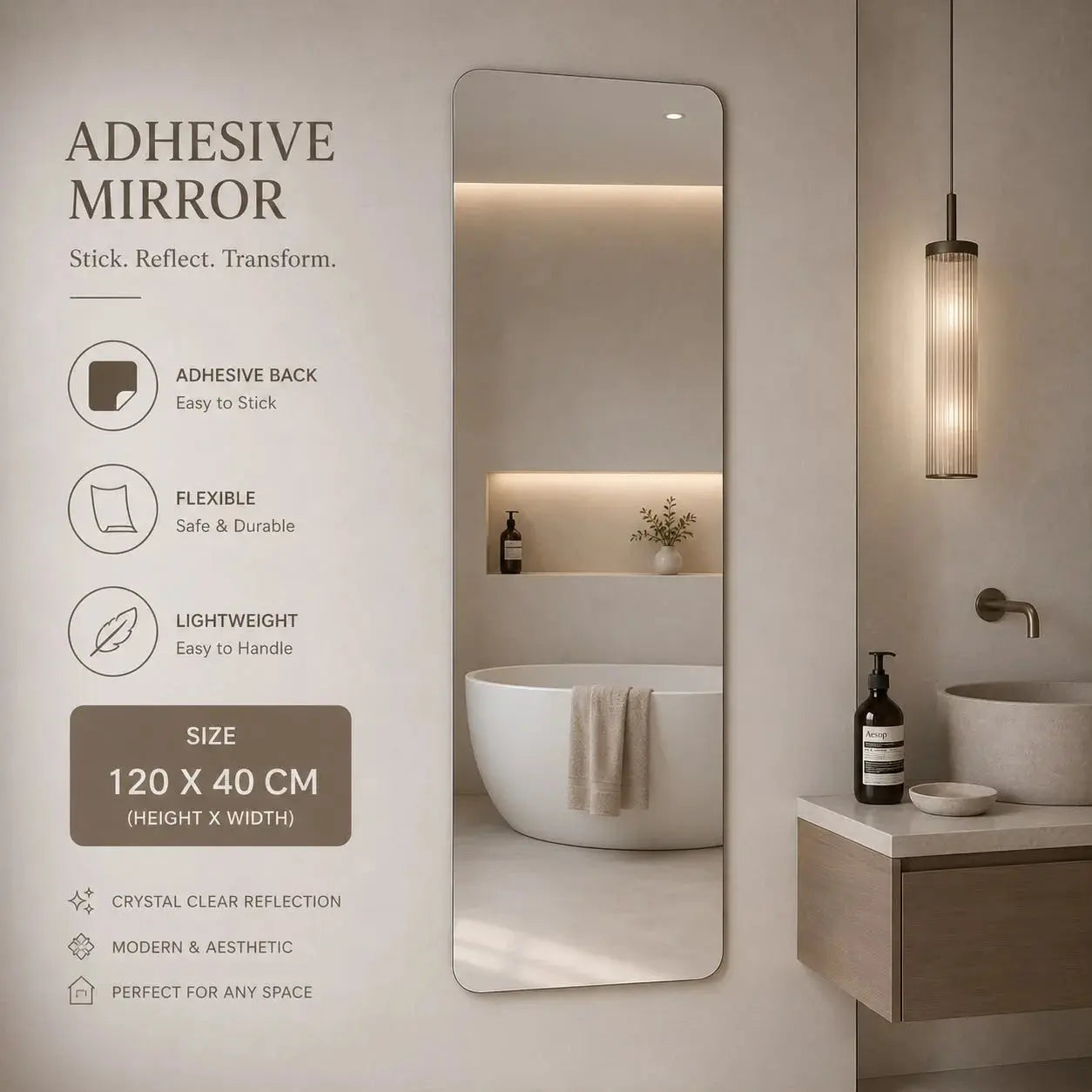 Adhesive Full Length Mirror - Multi-Purpose Frameless Wall Mirror Scrollcart Qatar 