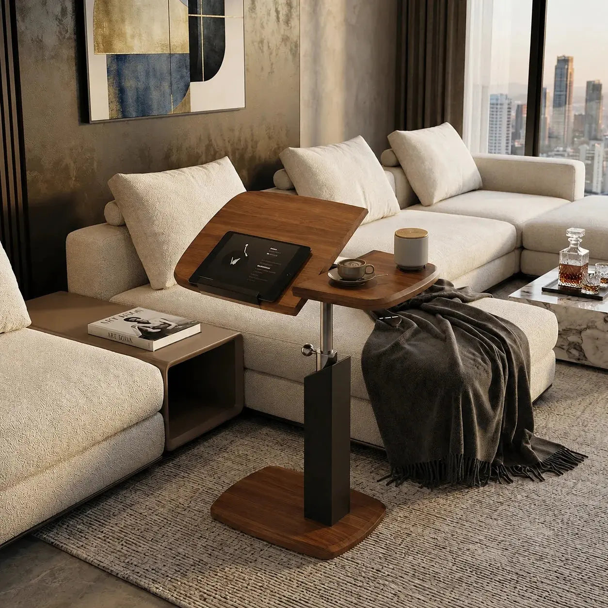 Adjustable Rolling Side Table with Dual Panel Wooden Top | Mobile Laptop Desk Scrollcart Qatar 